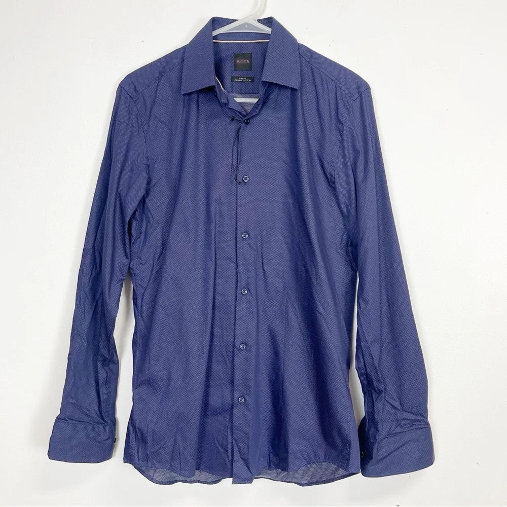 NEW BOSS Hank Kent Shirt Mens Small Button Up Blue Slim Fit Organic Cotton NWOT